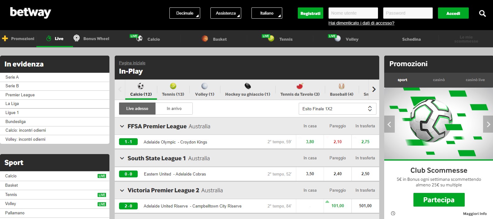 Scommesse dal vivo su Betway